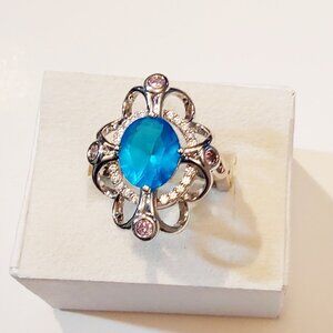 Lotus Flower Aqua Blue Topaz Ring Silver Sizes 6, 7, 8, 9
